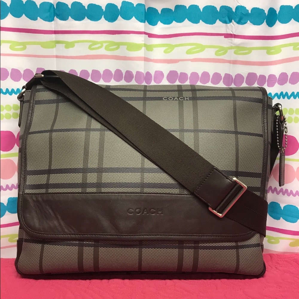 COACH MENS TATTERSALL COATED CANVAS MESSENGER BAG